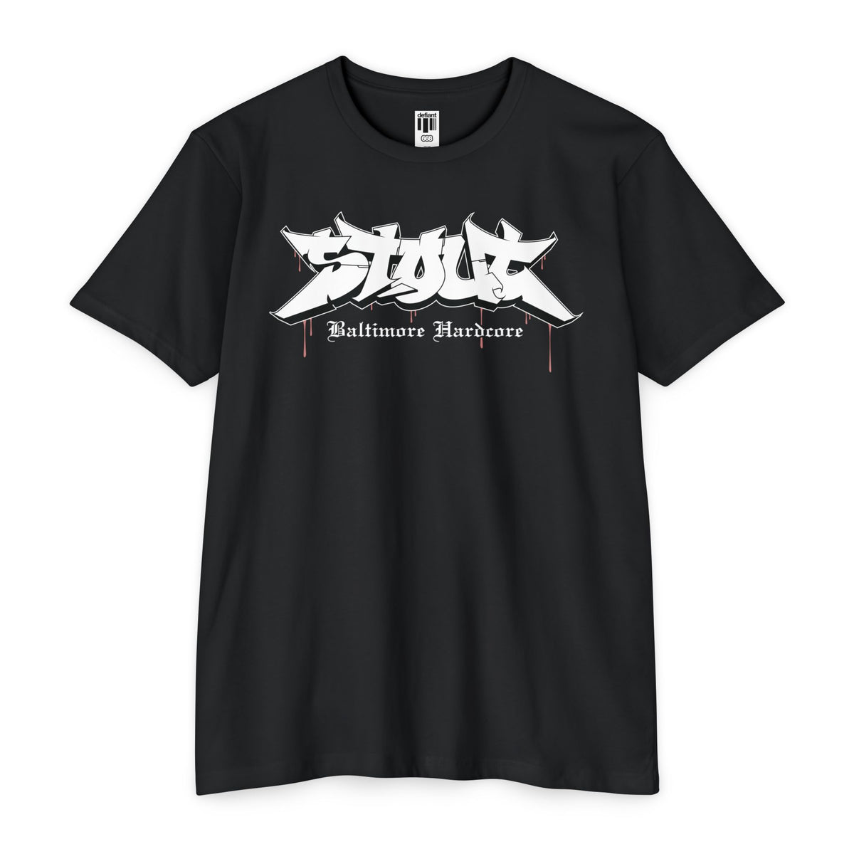 Black t-shirt with white graphic design on a white background