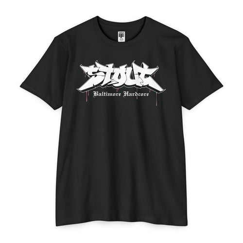 Black t-shirt with white graphic design on a white background