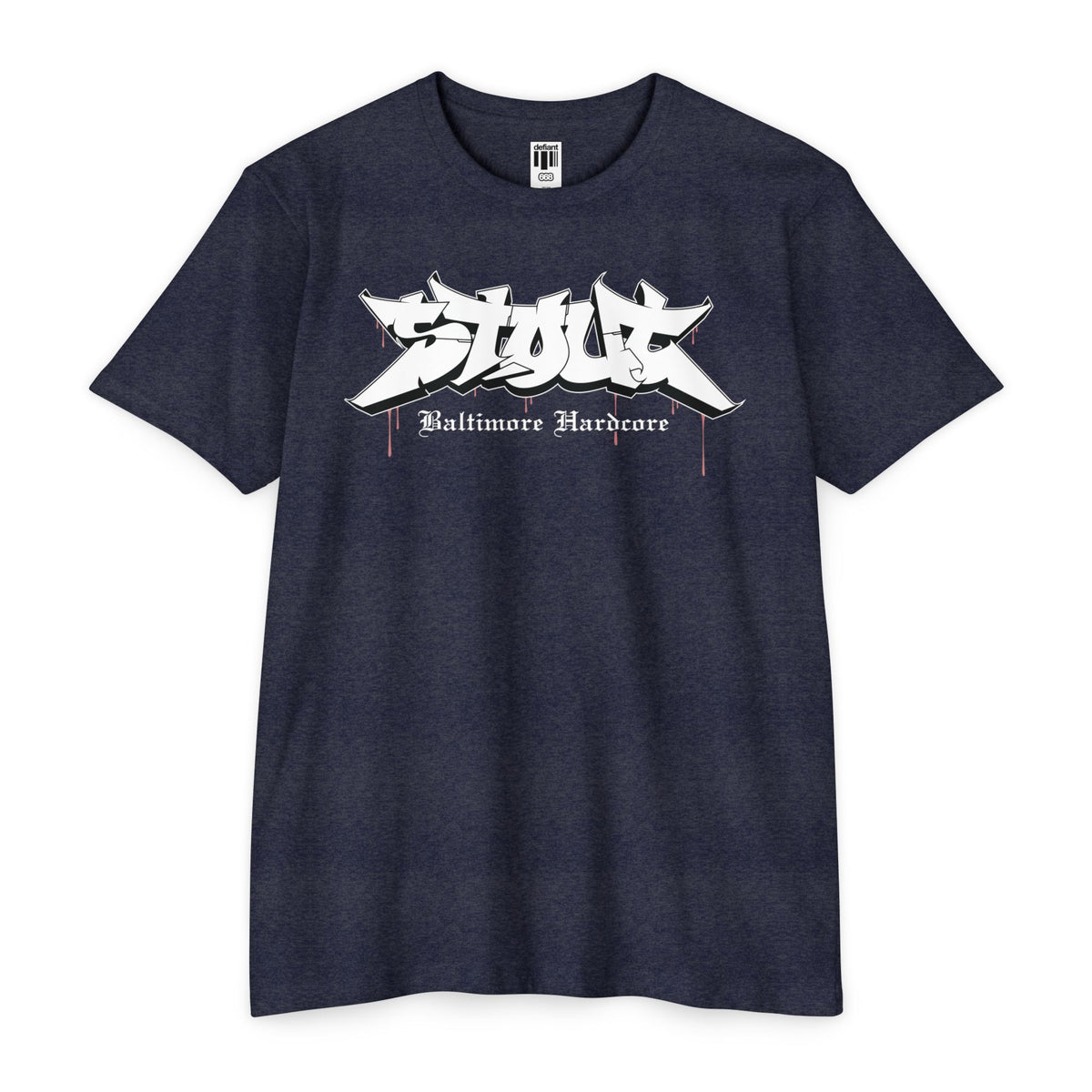 Navy blue t-shirt with white graphic design on a white background