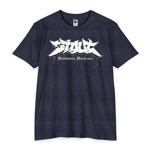 Navy blue t-shirt with white graphic design on a white background