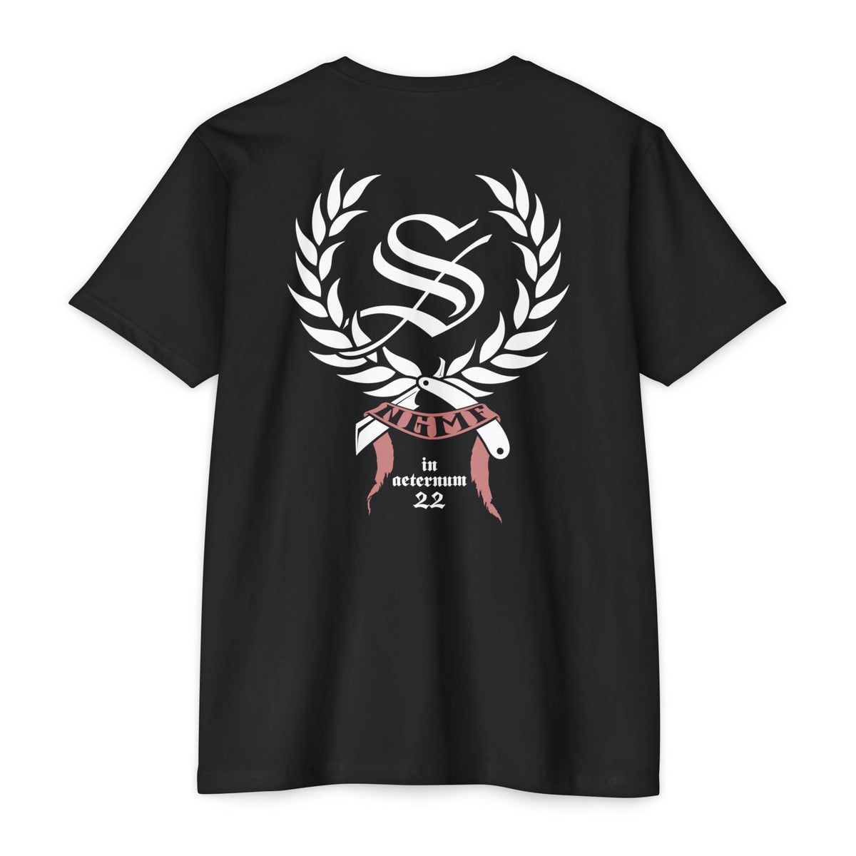 Navy blue t-shirt with a white logo on the back against a white background