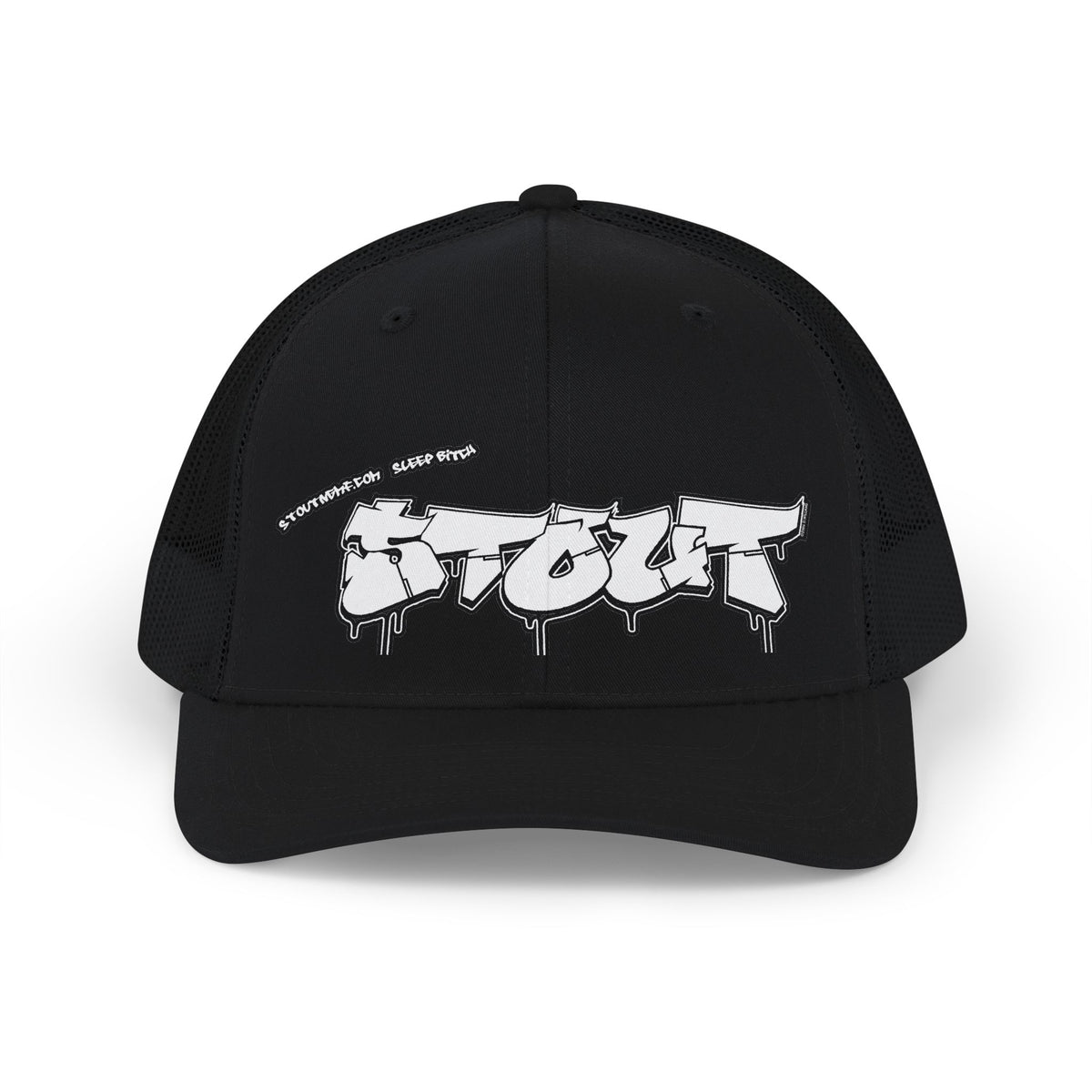 Gray and black cap with 'STOUT Gfaffitti' text on a white background