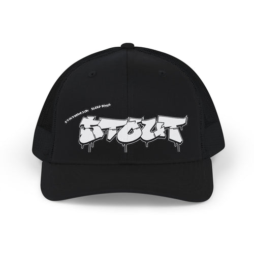 Gray and black cap with 'STOUT Gfaffitti' text on a white background