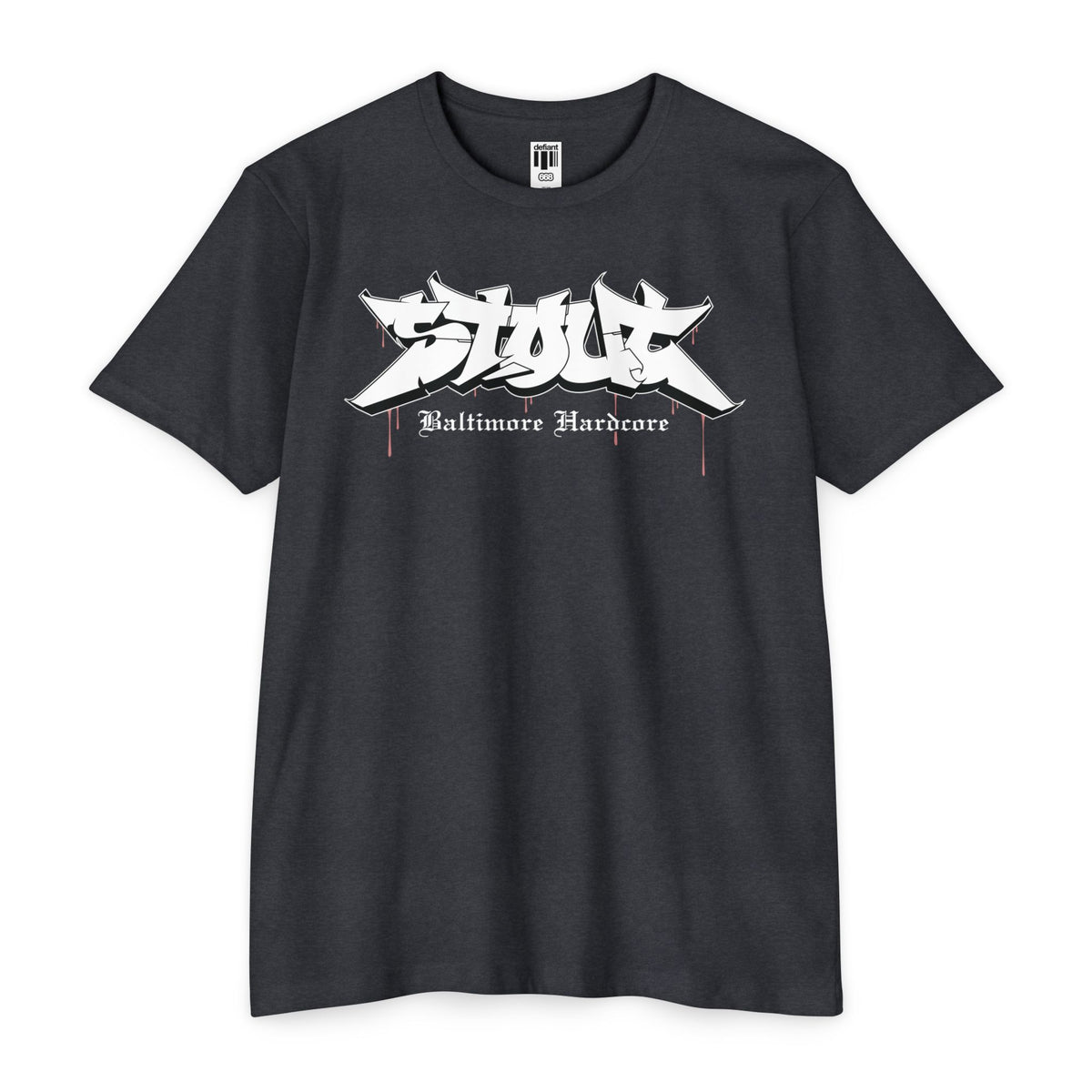 Black t-shirt with white graphic design on a white background