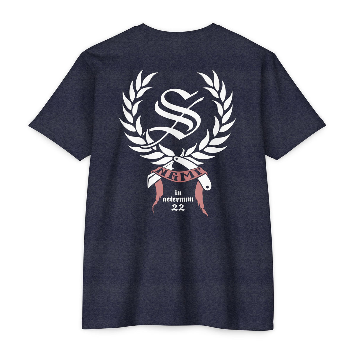 Navy blue t-shirt with a white logo on the back against a white background