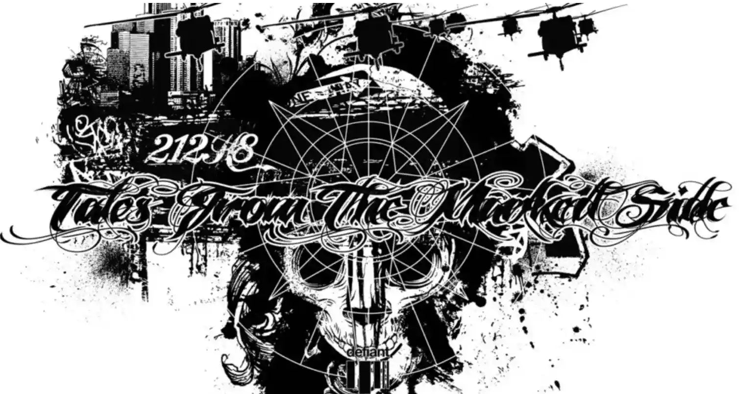
Black and white graphic with text 212h8 Tales From The Rockall Side and a stylized skull design.