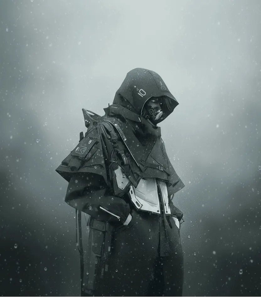 Person wearing a dark hooded outfit with tactical gear in a snowy environment
