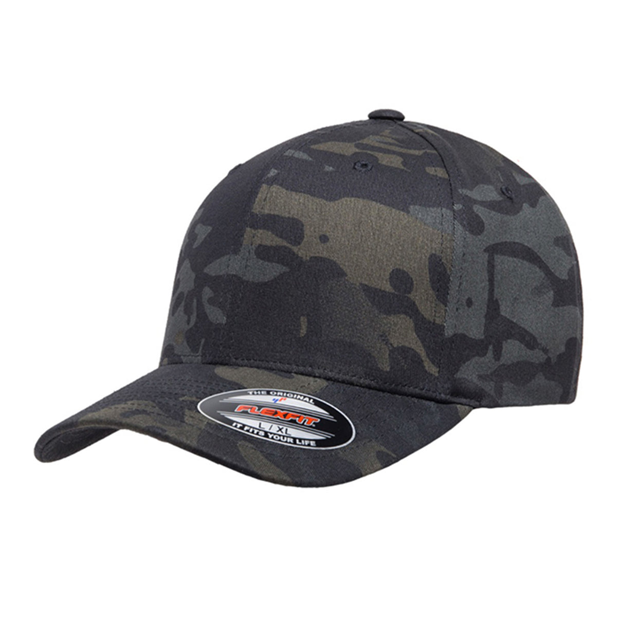 Black camouflage FlexFit baseball cap with a Defiant brand logo on a white background