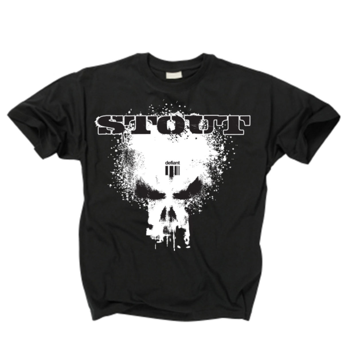 Black t-shirt with a white skull design and 'STOUT' text on a white background
Gods of War front print 