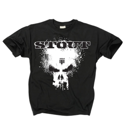 Black t-shirt with a white skull design and 'STOUT' text on a white background
Gods of War front print 