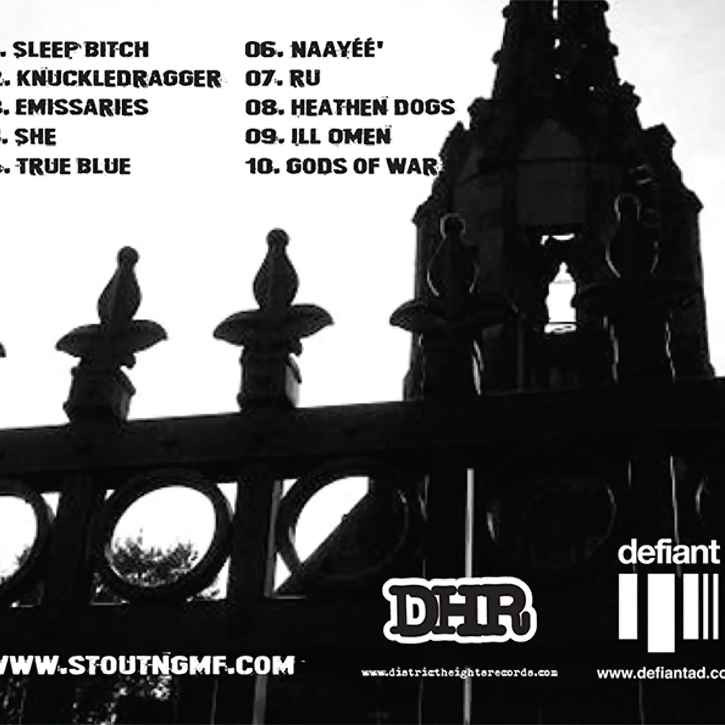 
Silhouette of a gate with text and branding on a black and white background