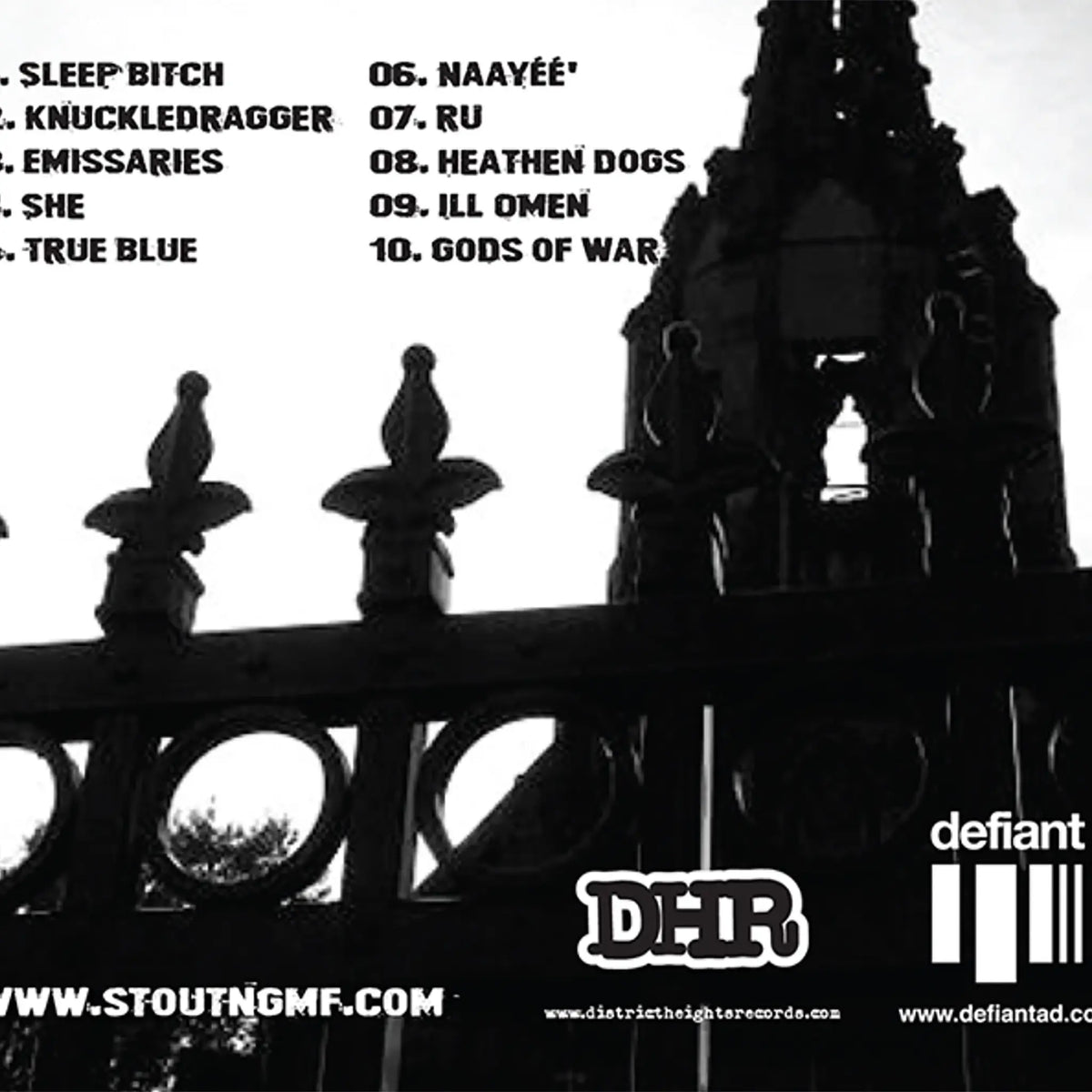 
Silhouette of a gate with text and branding on a black and white background