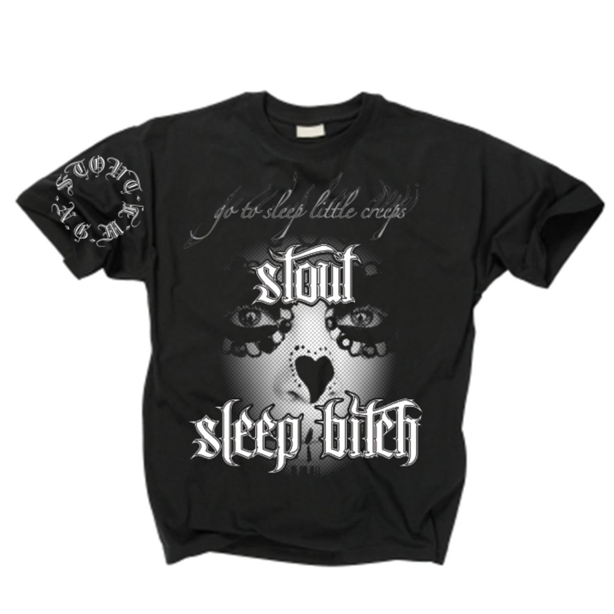 Black t-shirt with Sleep Bitch graphic design and text on a white background