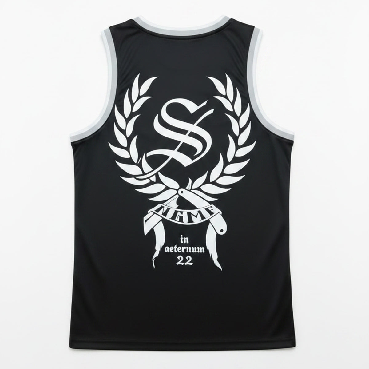 Black tank top with white logo and text on a white background