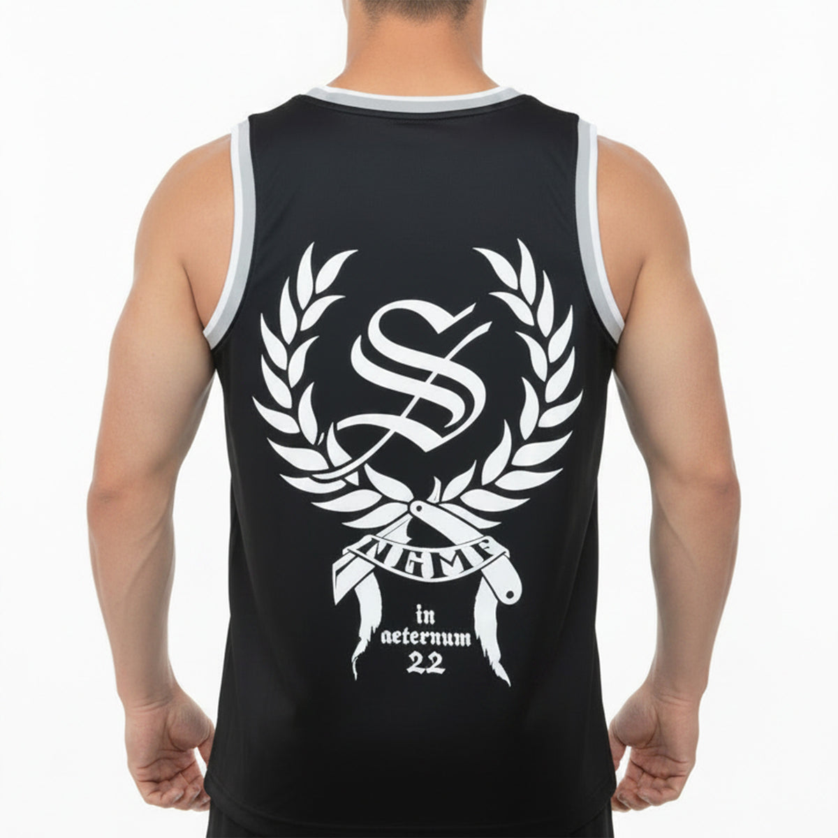 Black tank top with white logo and text on a white background