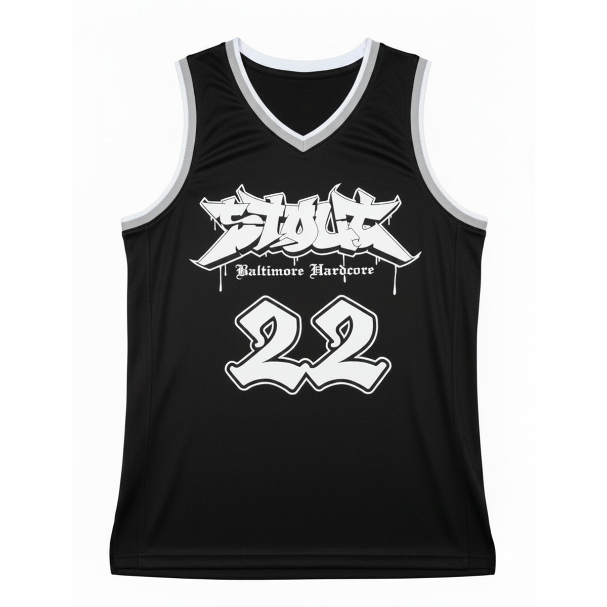 Black tank top with white graphics and text on a white background