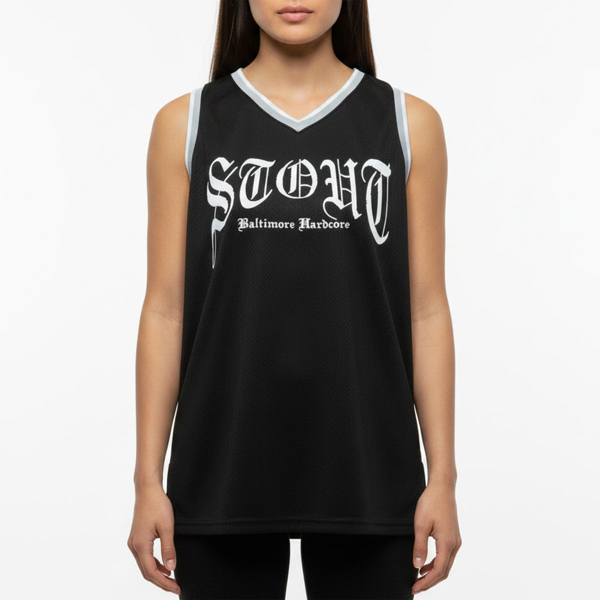 Black sleeveless shirt with 'STOUT' logo on a white background