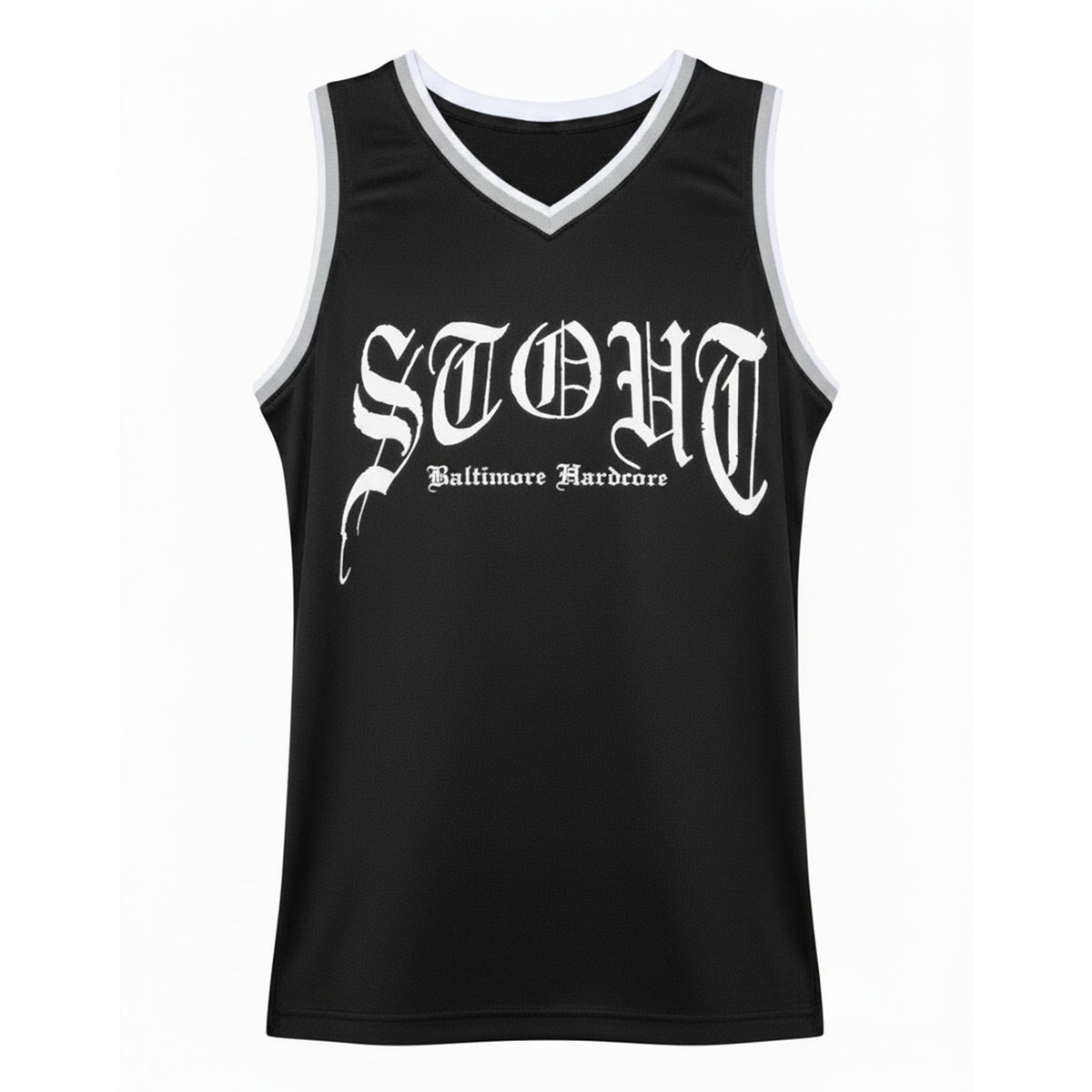 Black tank top with white lettering on a white background